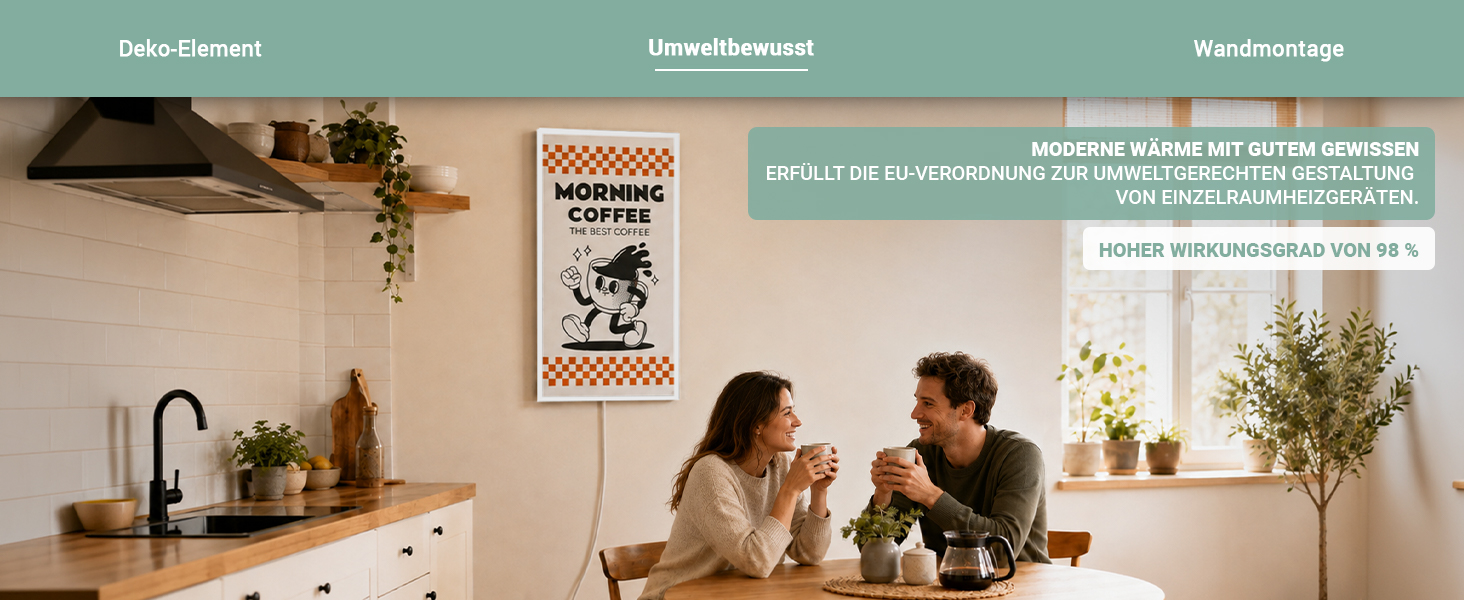 Heidenfeld HF-HP105 Infrarotheizung mit Kaffeemotiv in einer gem&uuml;tlichen K&uuml;che, EU-konform und mit 98 % Wirkungsgrad.